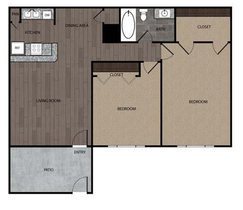 Floor plan for 2 beds, 1 bath, 912 sqft